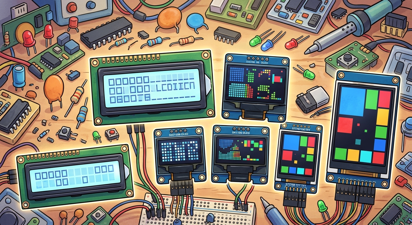 Collezione di vari display per microcontrollori su un tavolo di legno, inclusi LCD alfanumerici retroilluminati, piccoli OLED colorati e display TFT più grandi, collegati a una breadboard | Collection of various microcontroller displays on a wooden table, including backlit alphanumeric LCDs, small color OLEDs, and larger TFT displays, connected to a breadboard