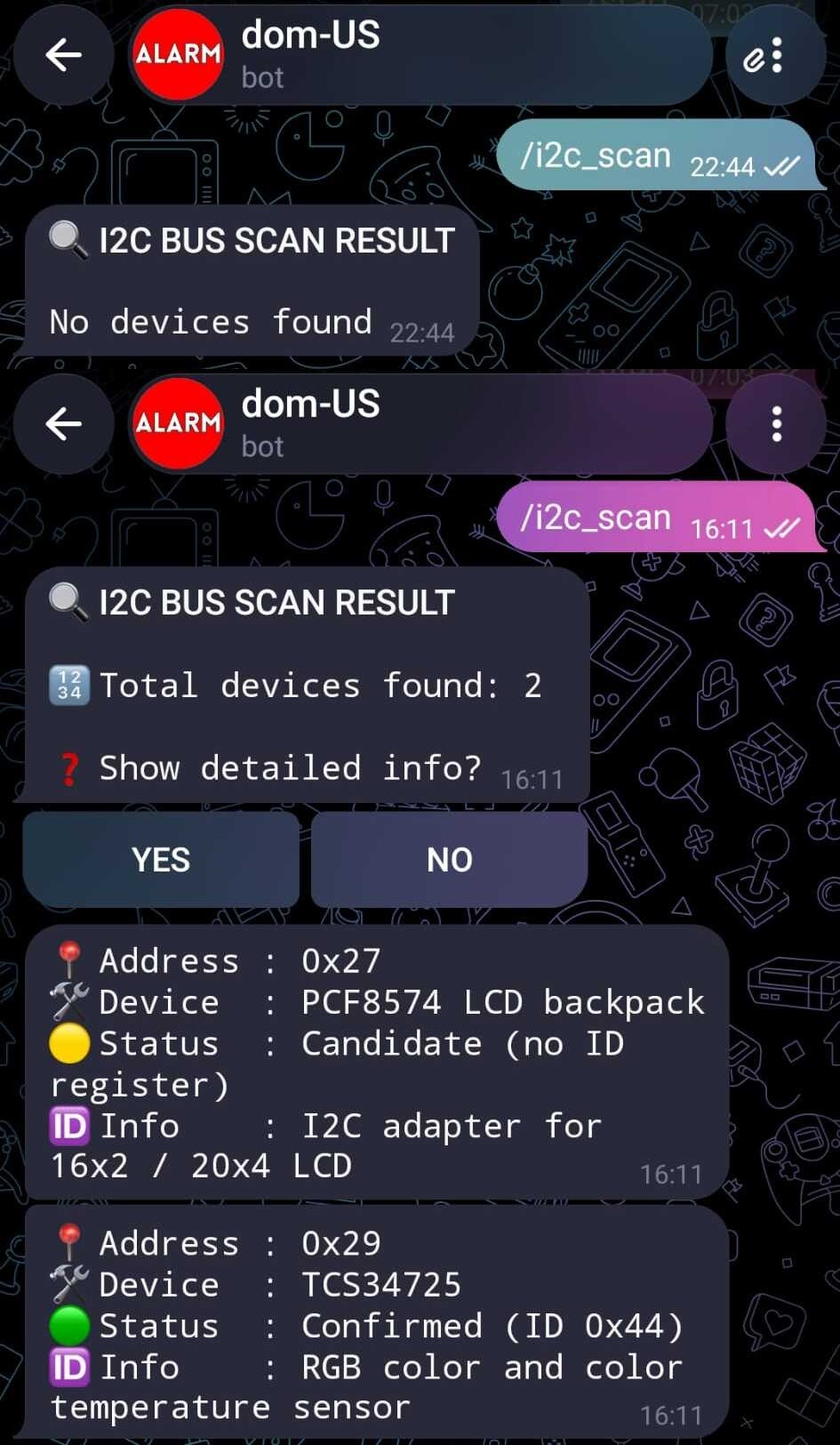 Messaggio del bot Telegram dom-US che mostra i risultati della scansione bus i2c | Telegram bot dom-US message showing i2c bus scan results