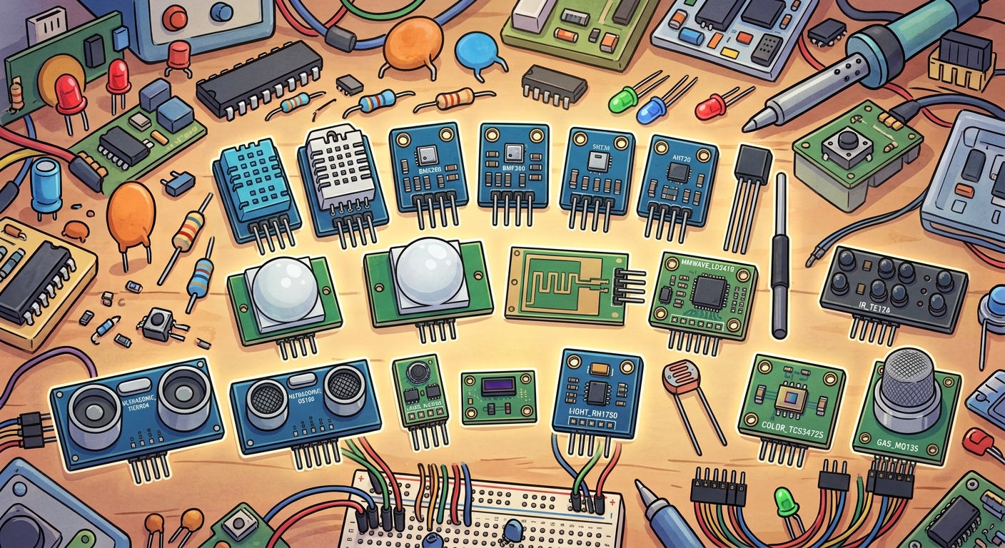 Vasta collezione di moduli sensori elettronici su un tavolo di legno, inclusi sensori di temperatura DHT, sensori di movimento PIR, sensori di gas e luce, con breadboard e saldatore | Wide array of electronic sensor modules on a wooden table, including DHT temperature sensors, PIR motion sensors, gas and light sensors, with a breadboard and soldering iron