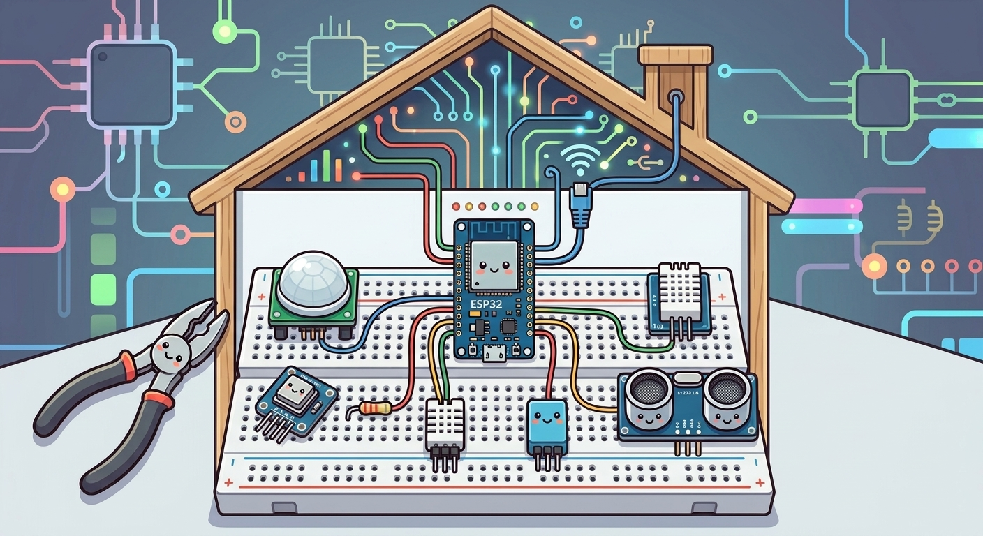 Illustrazione in stile fumetto di una casa in miniatura che funge da involucro per una breadboard ESP32 con diversi sensori, con un percorso stilizzato di circuiti che collegano gli oggetti. Sulla sinistra un paio di pinze con una faccina sorridente | Comic-style illustration of a miniature house acting as a shell for an ESP32 breadboard with various sensors, with a stylized circuit path connecting items. To the left, a pair of pliers with a smiley face