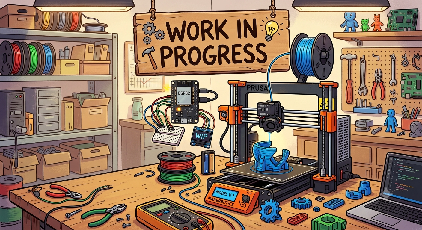 Illustrazione in stile fumetto di un laboratorio maker con stampante 3D, microcontrollore ESP32 su breadboard, saldatore e laptop con codice, sormontata da un cartello di legno 'WORK IN PROGRESS' | Comic-style illustration of a maker workshop with a 3D printer, ESP32 breadboard setup, soldering iron, and code on a laptop, topped with a wooden 'WORK IN PROGRESS' sign