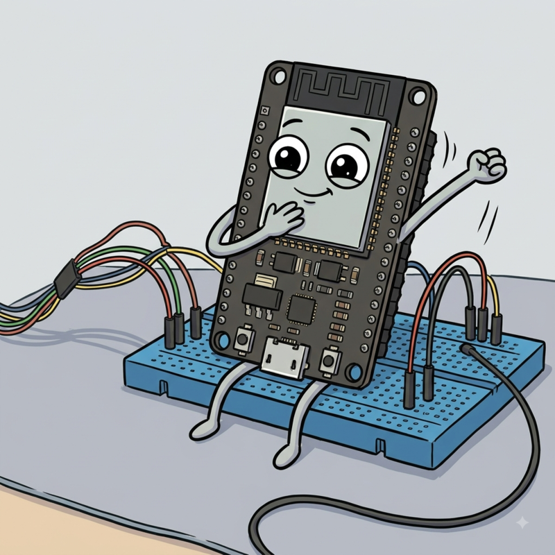 Illustrazione di una scheda ESP32 animata su breadboard per il video di avvio del firmware | Illustration of an ESP32 character on breadboard for firmware booting video preview