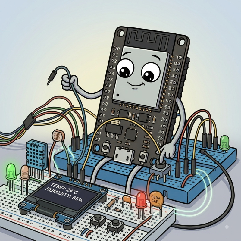 Illustrazione di una scheda ESP32 animata su breadboard per il video di ciclo dati | Illustration of an ESP32 character on breadboard for data cycle video preview